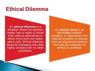 An ethical dilemma is a
situation where the decision
maker has to make a choice
from various alternatives in
which more than one option
seem right. Ethical dilemma
faced by managers are often
highly complex with no clear
guidelines.
An ethical issue is an
identifiable problem,
situation, or opportunity that
requires a person to choose
from among several actions
that may be evaluated as
ethical or unethical.
 
