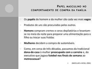 PAPEL

MASCULINO NO

COMPORTAMENTO DE COMPRA DA FAMÍLIA



Os papéis do homem e da mulher são cada vez mais vagos



Produtos de uns são procurados pelos outros.



Homens compram cremes e ceras depilatórias e levantamse no meio da noite para preparar uma alimentação para o
filho ou trocar suas fraldas



Mulheres decidem a compra de automóveis.



Como, em cerca de três décadas, passamos da tradicional
dona-de-casa à mulher preocupada com a carreira e, do
executivo que jogava futebol nos finais de semana ao
metrossexual?


(BACELLAR e IKEDA, 2004).

 