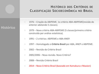 H ISTÓRICO DOS C RITÉRIOS DE
C LASSIFICAÇÃO S OCIOECONÔMICA NO B RASIL



Histórico

1976 – Criação da ABIPEME. 1o critério ABA-ABIPEME(revisão do
anterior adotando 5 classes).



1979 – Novo critério ABA-ABIPEME (5 classes/primeiro critério
construído por análise estatística).



1991 – 2 critérios: ABIPEME e ABA-ANEP.



1997 – Homologado o Critério Brasil por ABA, ANEP e ABIPEME.



2002 – Revisão do Critério Brasil



2005/2006 – Nova revisão. Novo Critério?



2008 – Revisão Critério Brasil



2014 – Novo Critério Brasil (baseado em Kamakura e Mazzon)

 