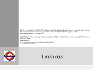 LOPES, E. L., MARIN, E. M., PIZZINATTO, N. K Segmentação Psicográfica de Consumidores de Produtos de Marca Própria:
Uma Aplicação da Escala VALS no Varejo Paulistano. Anais... XI SEMEAD, 28 e 29 de agosto de 2008
Especialmente páginas 4 a 6 (item 1.4.2)
VEIGA NETO, A. R. Sistema de Segmentação Psicográfica VALS-2 em relação às Classes Sociais. Anais... EMA - Encontro de
Marketing, 2004
Especialmente
1. A evolução da tipologia demográfica para a psicográfica
5. Resultados e discussão

L IFESTYLES

 