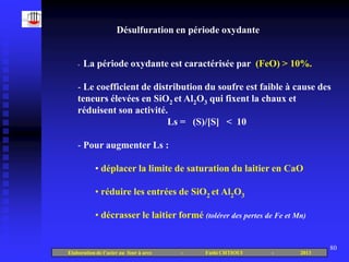 Désulfuration en période oxydante


    -   La période oxydante est caractérisée par (FeO) > 10%.

    - Le coefficient de distribution du soufre est faible à cause des
    teneurs élevées en SiO2 et Al2O3 qui fixent la chaux et
    réduisent son activité.
                            Ls = (S)/[S] < 10

    - Pour augmenter Ls :

            • déplacer la limite de saturation du laitier en CaO

            • réduire les entrées de SiO2 et Al2O3

            • décrasser le laitier formé (tolérer des pertes de Fe et Mn)


                                                                              80
Elaboration de l’acier au four à arcs   -   Fathi CHTIOUI      -       2013
 