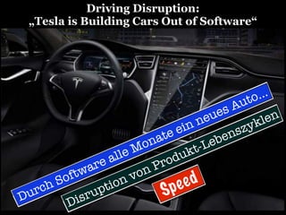 Speed
Durch Software alle Monate ein neues Auto…
Disruption von Produkt-Lebenszyklen
Driving Disruption:
„Tesla is Building Cars Out of Software“
 