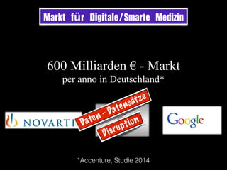 Markt	für	Digitale/Smarte	Medizin
600 Milliarden € - Markt
per anno in Deutschland*
*Accenture, Studie 2014
Daten - Datensätze
Disruption
 