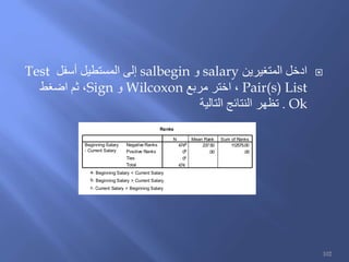 ‫المتغيرين‬ ‫ادخل‬salary‫و‬salbegin‫أسفل‬ ‫المستطيل‬ ‫إلى‬Test
Pair(s) List‫مربع‬ ‫اختر‬ ،Wilcoxon‫و‬Sign‫اضغط‬ ‫ثم‬ ،
Ok.‫التالية‬ ‫النتائج‬ ‫تظهر‬
Ranks
474a 237.50 112575.00
0b .00 .00
0c
474
Negative Ranks
Positive Ranks
Ties
Total
Beginning Salary
- Current Salary
N Mean Rank Sum of Ranks
Beginning Salary < Current Salarya.
Beginning Salary > Current Salaryb.
Current Salary = Beginning Salaryc.
102
 