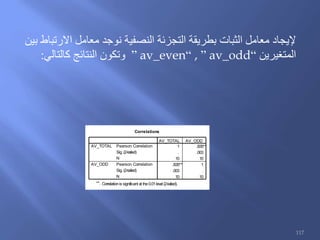 ‫بين‬ ‫االرتباط‬ ‫معامل‬ ‫نوجد‬ ‫النصفية‬ ‫التجزئة‬ ‫بطريقة‬ ‫الثبات‬ ‫معامل‬ ‫إليجاد‬
‫المتغيرين‬“av_odd”,“av_even”‫كالتالي‬ ‫النتائج‬ ‫وتكون‬:
Correlations
1 .835**
. .003
10 10
.835** 1
.003 .
10 10
Pearson Correlation
Sig. (2-tailed)
N
Pearson Correlation
Sig. (2-tailed)
N
AV_TOTAL
AV_ODD
AV_TOTAL AV_ODD
Correlationis significant at the0.01level (2-tailed).**.
117
 