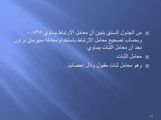 ‫يساوي‬ ‫االرتباط‬ ‫معامل‬ ‫أن‬ ‫يتبين‬ ‫السابق‬ ‫الجدول‬ ‫من‬0.835
‫براون‬ ‫سبيرمان‬ ‫معادلة‬ ‫باستخدام‬ ‫االرتباط‬ ‫معامل‬ ‫تصحيح‬ ‫وبحساب‬
‫يساوي‬ ‫الثبات‬ ‫معامل‬ ‫أن‬ ‫نجد‬
‫الثبات‬ ‫معامل‬
‫إحصائيا‬ ‫ودال‬ ‫مقبول‬ ‫ثبات‬ ‫معامل‬ ‫وهو‬.
118
 