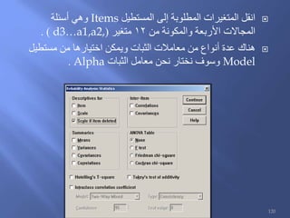 ‫المستطيل‬ ‫إلى‬ ‫المطلوبة‬ ‫المتغيرات‬ ‫انقل‬Items‫أسئلة‬ ‫وهي‬
‫من‬ ‫والمكونة‬ ‫األربعة‬ ‫المجاالت‬12‫متغير‬(a1,a2,…d3. )
‫هناك‬‫مستطيل‬ ‫من‬ ‫اختيارها‬ ‫ويمكن‬ ‫الثبات‬ ‫معامالت‬ ‫من‬ ‫أنواع‬ ‫عدة‬
Model‫الثبات‬ ‫معامل‬ ‫نحن‬ ‫نختار‬ ‫وسوف‬Alpha.
120
 