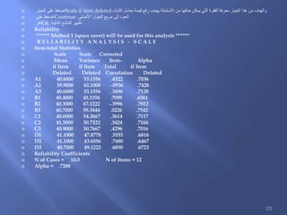  ‫الخيار‬ ‫على‬ ‫اضغط‬Scale if item deleted ‫الثبات‬ ‫معامل‬ ‫قيمة‬ ‫رفع‬ ‫بهدف‬ ‫االستبانة‬ ‫من‬ ‫حذفها‬ ‫يمكن‬ ‫التي‬ ‫الفقرة‬ ‫معرفة‬ ‫الخيار‬ ‫هذا‬ ‫من‬ ‫والهدف‬.
 ‫على‬ ‫اضغط‬Continue ‫األصلي‬ ‫الحوار‬ ‫مربع‬ ‫إلى‬ ‫لنعود‬.
 ‫انقر‬Ok ‫التالية‬ ‫النتائج‬ ‫تظهر‬:
 Reliability
 ****** Method 1 (space saver) will be used for this analysis ******
 R E L I A B I L I T Y A N A L Y S I S - S C A L E
 Item-total Statistics
 Scale Scale Corrected
 Mean Variance Item- Alpha
 if Item if Item Total if Item
 Deleted Deleted Correlation Deleted
 A1 40.6000 53.1556 .4322 .7036
 A2 39.9000 62.1000 -.0936 .7428
 A3 40.6000 53.1556 .3496 .7128
 B1 40.4000 45.1556 .7099 .6561
 B2 40.3000 67.1222 -.3996 .7812
 B3 40.7000 59.3444 .0226 .7542
 C1 40.6000 54.2667 .3614 .7117
 C2 41.5000 50.7222 .3424 .7166
 C3 40.9000 50.7667 .4296 .7016
 D1 41.1000 47.8778 .5555 .6816
 D2 41.1000 43.6556 .7480 .6467
 D3 40.7000 49.1222 .6850 .6723
 Reliability Coefficients
 N of Cases = 10.0 N of Items = 12
 Alpha = .7288
121
 