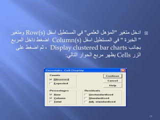 ‫متغير‬ ‫ادخل‬"‫العلمي‬ ‫المؤهل‬"‫اسفل‬ ‫المستطيل‬ ‫في‬Row(s)‫ومتغير‬
"‫الخبرة‬"‫اسفل‬ ‫المستطيل‬ ‫في‬Column(s)‫المربع‬ ‫داخل‬ ‫اضغط‬
‫بجانب‬Display clustered bar charts‫على‬ ‫اضغط‬ ‫ثم‬ ،
‫الزر‬Cells‫التالي‬ ‫الحوار‬ ‫مربع‬ ‫يظهر‬:
19
 