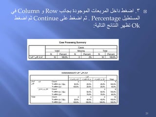 3.‫بجانب‬ ‫الموجودة‬ ‫المربعات‬ ‫داخل‬ ‫اضغط‬Row‫و‬Column‫في‬
‫المستطيل‬Percentage.‫على‬ ‫اضغط‬ ‫ثم‬Continue‫اضغط‬ ‫ثم‬
Ok‫التالية‬ ‫النتائج‬ ‫تظهر‬:
Case Processing Summary
10 100.0% 0 .0% 10 100.0%‫الخبرة‬* ‫العلمي‬ ‫المؤهل‬
N Percent N Percent N Percent
Valid Missing Total
Cases
noitalubatssorC‫خبرة‬‫ال‬ * ‫علمي‬‫ال‬ ‫مؤهل‬‫ال‬
2 1 1 4
50.0% 25.0% 25.0% 100.0%
100.0% 25.0% 25.0% 40.0%
3 3 6
50.0% 50.0% 100.0%
75.0% 75.0% 60.0%
2 4 4 10
20.0% 40.0% 40.0% 100.0%
100.0% 100.0% 100.0% 100.0%
Count
% within‫لا‬‫هؤم‬‫ل‬ ‫لا‬‫ع‬‫ل‬‫يم‬
% within‫لا‬‫بخ‬‫ةر‬
Count
% within‫لا‬‫هؤم‬‫ل‬ ‫لا‬‫ع‬‫ل‬‫يم‬
% within‫لا‬‫بخ‬‫ةر‬
Count
% within‫لا‬‫هؤم‬‫ل‬ ‫لا‬‫ع‬‫ل‬‫يم‬
% within‫لا‬‫بخ‬‫ةر‬
‫لوم‬‫ب‬‫د‬
‫فوق‬ ‫ما‬‫ف‬ ‫وس‬‫بكالوري‬
‫مؤهل‬‫ال‬
‫علمي‬‫ال‬
Total
‫سنوات‬5 ‫من‬ ‫ل‬‫اق‬ ‫سنوات‬01-5 ‫من‬ ‫سنوات‬01 ‫من‬ ‫ثر‬‫ك‬‫ا‬
‫خبرة‬‫ال‬
Total
20
 