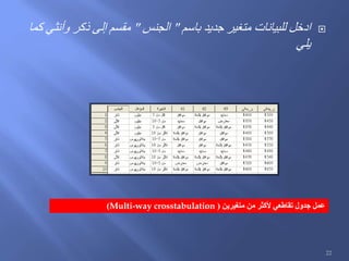 ‫باسم‬ ‫جديد‬ ‫متغير‬ ‫للبيانات‬ ‫ادخل‬"‫الجنس‬"‫كما‬ ‫وأنثي‬ ‫ذكر‬ ‫إلى‬ ‫مقسم‬
‫يلي‬
‫متغيرين‬ ‫من‬ ‫ألكثر‬ ‫تقاطعي‬ ‫جدول‬ ‫عمل‬(Multi-way crosstabulation)
22
 
