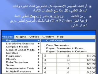 ‫وفئات‬ ‫الخبرة‬ ‫فئات‬ ‫بين‬ ‫تقاطع‬ ‫لكل‬ ‫اإلحصائية‬ ‫المقاييس‬ ‫إنشاء‬ ‫أو‬
‫التالية‬ ‫الخطوات‬ ‫نتبع‬ ‫هذا‬ ‫لكل‬ ،‫العلمي‬ ‫المؤهل‬:
1.‫القائمة‬ ‫من‬Analyze‫نختار‬Report‫قائمة‬ ‫لتظهر‬
‫اختر‬ ‫فرعية‬OLAP Cubes‫مربع‬ ‫ليظهر‬ ‫الموضح‬ ‫بالشكل‬ ‫كما‬
‫التالي‬ ‫الحوار‬:
7
 