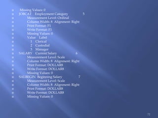 Missing Values: 0
 JOBCAT Employment Category 5
 Measurement Level: Ordinal
 Column Width: 8 Alignment: Right
 Print Format: F1
 Write Format: F1
 Missing Values: 0
 Value Label
 1 Clerical
 2 Custodial
 3 Manager
 SALARY Current Salary 6
 Measurement Level: Scale
 Column Width: 8 Alignment: Right
 Print Format: DOLLAR8
 Write Format: DOLLAR8
 Missing Values: 0
 SALBEGIN Beginning Salary 7
 Measurement Level: Scale
 Column Width: 8 Alignment: Right
 Print Format: DOLLAR8
 Write Format: DOLLAR8
 Missing Values: 0
72
 