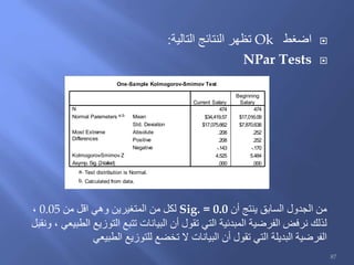 ‫اضغط‬Ok‫التالية‬ ‫النتائج‬ ‫تظهر‬:
NPar Tests
One-Sample Kolmogorov-Smirnov Test
474 474
$34,419.57 $17,016.09
$17,075.662 $7,870.638
.208 .252
.208 .252
-.143 -.170
4.525 5.484
.000 .000
N
Mean
Std. Deviation
Normal Parameters a,b
Absolute
Positive
Negative
Most Extreme
Differences
Kolmogorov-Smirnov Z
Asymp. Sig. (2-tailed)
Current Salary
Beginning
Salary
Test distribution is Normal.a.
Calculated from data.b.
‫أن‬ ‫ينتج‬ ‫السابق‬ ‫الجدول‬ ‫من‬Sig. = 0.0‫من‬ ‫اقل‬ ‫وهي‬ ‫المتغيرين‬ ‫من‬ ‫لكل‬0.05،
‫ونقبل‬ ، ‫الطبيعي‬ ‫التوزيع‬ ‫تتبع‬ ‫البيانات‬ ‫أن‬ ‫تقول‬ ‫التي‬ ‫المبدئية‬ ‫الفرضية‬ ‫نرفض‬ ‫لذلك‬
‫الطبيعي‬ ‫للتوزيع‬ ‫تخضع‬ ‫ال‬ ‫البيانات‬ ‫أن‬ ‫تقول‬ ‫التي‬ ‫البديلة‬ ‫الفرضية‬
87
 
