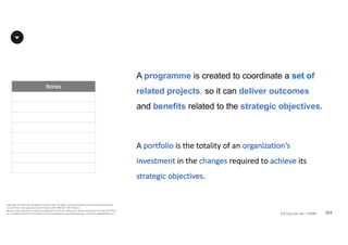 Notes
161P2F-Class-EN- v05 – PT0086
Copyright	©	PTCoE	NV and	AXELOS	Limited	2017.	All	rights	reserved. Material	in	this	document	has	been	
sourced	from	Managing	Successful	Projects	with	PRINCE2®	2017	Edition.
No	part	of	this	document	may	be	reproduced	in	any	form	without	the	written	permission	of	both	the	PTCoE	
NV and	AXELOS	Limited.	Permission	can	be	requested	at	support@mplaza.pm and	licensing@AXELOS.com.
A programme is created to coordinate a set of
related projects, so it can deliver outcomes
and benefits related to the strategic objectives.
A	portfolio is	the	totality	of	an	organization’s	
investment	in	the	changes required	to	achieve its	
strategic	objectives.	
 