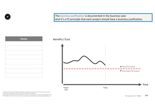 Notes
164P2F-Class-EN- v05 – PT0086
Copyright	©	PTCoE	NV and	AXELOS	Limited	2017.	All	rights	reserved. Material	in	this	document	has	been	
sourced	from	Managing	Successful	Projects	with	PRINCE2®	2017	Edition.
No	part	of	this	document	may	be	reproduced	in	any	form	without	the	written	permission	of	both	the	PTCoE	
NV and	AXELOS	Limited.	Permission	can	be	requested	at	support@mplaza.pm and	licensing@AXELOS.com.
Benefits	/	Cost
Time
Project
Start
Today
p Keep	the	project
q Shut	down	the	project
The	business	justification	is	documented	in	the	business	case	
And	it’s	a	P2	principle	that	each	project	should	have	a	business	justification.				
 