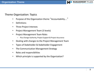 2
• Purpose of the Organization theme “Accountability….”
• Definitions
• Three Project Interests
• Project Management Team (3 levels)
• Project Management Team Roles
– Plus Change Authority, Project Support & Project Assurance
• Dealing with changes to the Project Management Team
• Types of Stakeholder & Stakeholder Engagement
• The Communication Management Strategy
• Roles and responsibilities
• Which principle is supported by the Organization?
Theme Organization: Topics
Organization Theme
 