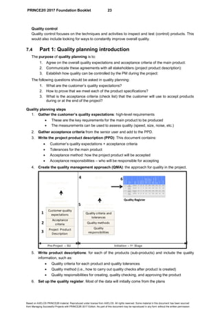 PRINCE2® 2017 Foundation Booklet 23
Based on AXELOS PRINCE2® material. Reproduced under license from AXELOS. All rights reserved. Some material in this document has been sourced
from Managing Successful Projects with PRINCE2® 2017 Edition. No part of this document may be reproduced in any form without the written permission.
Quality control
Quality control focuses on the techniques and activities to inspect and test (control) products. This
would also include looking for ways to constantly improve overall quality.
7.4 Part 1: Quality planning introduction
The purpose of quality planning is to:
1. Agree on the overall quality expectations and acceptance criteria of the main product:
2. Communicate these agreements with all stakeholders (project product description):
3. Establish how quality can be controlled by the PM during the project:
The following questions should be asked in quality planning:
1. What are the customer’s quality expectations?
2. How to prove that we meet each of the product specifications?
3. What is the acceptance criteria (check list) that the customer will use to accept products
during or at the end of the project?
Quality planning steps
1. Gather the customer’s quality expectations: high-level requirements
• These are the key requirements for the main product to be produced
• The measurements can be used to assess quality (speed, size, noise, etc.)
2. Gather acceptance criteria from the senior user and add to the PPD.
3. Write the project product description (PPD): This document contains:
• Customer’s quality expectations + acceptance criteria
• Tolerances for the main product
• Acceptance method: how the project product will be accepted
• Acceptance responsibilities – who will be responsible for accepting
4. Create the quality management approach (QMA): the approach for quality in the project.
5. Write product descriptions: for each of the products (sub-products) and include the quality
information, such as:
• Quality criteria for each product and quality tolerances
• Quality method (i.e., how to carry out quality checks after product is created)
• Quality responsibilities for creating, quality checking, and approving the product
6. Set up the quality register. Most of the data will initially come from the plans
Pre-Project – SU Initiation – 1st Stage
Project Brief
PPD
QMA
Project Plan
Product
Descriptions
Acceptance
criteria
Project Product
Description
Quality
requirements
from Customer
Customer quality
expectations
Quality
responsibilities
Quality information in
Product Descriptions
Quality criteria and
tolerances
Quality methods
Quality Register
1
2
3
4
5
6
 