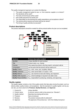 PRINCE2® 2017 Foundation Booklet 25
Based on AXELOS PRINCE2® material. Reproduced under license from AXELOS. All rights reserved. Some material in this document has been sourced
from Managing Successful Projects with PRINCE2® 2017 Edition. No part of this document may be reproduced in any form without the written permission.
The quality management approach can contain the following:
1. The quality management system to use, i.e., from customer, supplier, or a mixture?
2. The standards will be used?
3. The tools and techniques will be used?
4. How quality assurance be carried out?
5. The responsible for documenting the quality expectations and acceptance criteria?
6. The records will be required and where will they be stored?
7. The timing of quality activities be executed?
Product descriptions
The product descriptions should be created for all the products before the plan can be completed.
Sections Product description content
Identifier Unique identifier for each product
Title Product name: e.g., Casing
Purpose Who needs the product, why they need it, and what it will do
Composition List the parts that the product will be made up of
Quality Criteria E.g., color, noise, size, durability, lifetime
Quality Tolerance E.g., color cannot fade in 10 years +-10%
Quality Method E.g., use machine to test color fading; use inspection
Quality Skills required E.g., what knowledge is required to be able to test
Quality Responsibilities E.g., responsible for producing, reviewing, and approving
Quality register
The quality register contains a list of the quality events that take place during the project, such as
delivery dates, quality reviews, and acceptance. See the example of a quality register, and as you
can see, you have columns for Producer, Quality Reviewer, and Approver.
1. Product ID: Unique identifier
2. Product name: A common name to refer to the product (ex: “Elevator”)
3. Quality method: Describes how testing will be done
4. Producer: Name of producer
5. Reviews: The product review(s) after its delivered?
6. Approver: The approves of the product (ex: “John from Safety Company”)
Purpose
Composition
Quality Criteria
Quality Testing
Etc.
Product Description
 
