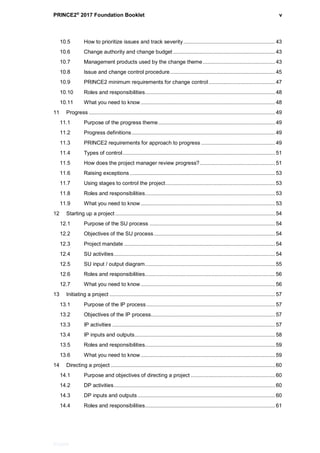 PRINCE2®
2017 Foundation Booklet v
PT0079
10.5 How to prioritize issues and track severity.............................................................. 43
10.6 Change authority and change budget .....................................................................43
10.7 Management products used by the change theme.................................................43
10.8 Issue and change control procedure.......................................................................45
10.9 PRINCE2 minimum requirements for change control.............................................47
10.10 Roles and responsibilities........................................................................................ 48
10.11 What you need to know........................................................................................... 48
11 Progress .............................................................................................................................. 49
11.1 Purpose of the progress theme...............................................................................49
11.2 Progress definitions.................................................................................................49
11.3 PRINCE2 requirements for approach to progress ..................................................49
11.4 Types of control.......................................................................................................51
11.5 How does the project manager review progress?...................................................51
11.6 Raising exceptions ..................................................................................................53
11.7 Using stages to control the project..........................................................................53
11.8 Roles and responsibilities........................................................................................ 53
11.9 What you need to know........................................................................................... 53
12 Starting up a project ............................................................................................................54
12.1 Purpose of the SU process .....................................................................................54
12.2 Objectives of the SU process..................................................................................54
12.3 Project mandate ......................................................................................................54
12.4 SU activities.............................................................................................................54
12.5 SU input / output diagram........................................................................................ 55
12.6 Roles and responsibilities........................................................................................ 56
12.7 What you need to know........................................................................................... 56
13 Initiating a project ................................................................................................................57
13.1 Purpose of the IP process.......................................................................................57
13.2 Objectives of the IP process....................................................................................57
13.3 IP activities ..............................................................................................................57
13.4 IP inputs and outputs............................................................................................... 58
13.5 Roles and responsibilities........................................................................................ 59
13.6 What you need to know........................................................................................... 59
14 Directing a project ...............................................................................................................60
14.1 Purpose and objectives of directing a project ......................................................... 60
14.2 DP activities.............................................................................................................60
14.3 DP inputs and outputs............................................................................................. 60
14.4 Roles and responsibilities........................................................................................ 61
 