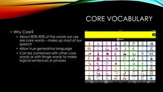 CORE VOCABULARY
• Why Core?
• About 80%-90% of the words we use
are core words – make up most of our
speech
• Allow true generative language
• Can be combined with other core
words or with fringe words to make
logical sentences or phrases
 