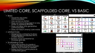 LIMITED CORE, SCAFFOLDED CORE, VS BASIC
• Basic
• Good for very early
communicators
• Uses sentence starters
• Does not teach language in a way
similar to speaking learners
• Does not allow truly generative
communication
• Does not teach (many) core words
• Limited Core
• Designed by company to show
most needed vocabulary first in
smaller displays
• Buttons move somewhat as
increase grid size
• Scaffolding Core
• Can hide buttons to create a
similar number of buttons to basic
display and unhide as needed
• Keeps buttons in same place as
vocabulary grows
 