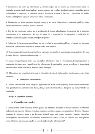 3. Composición de textos de información y opinión propios de los medios de comunicación social (en
particular la prensa local) sobre hechos y acontecimientos que resulten significativos con especial incidencia
en la noticia, la entrevista, la reseña de libros o de música, la carta al director…, en medios del ámbito
escolar y de la prensa local, en situaciones reales o simuladas.
4. Elaboración de textos mediante lenguaje verbal y no verbal (ilustraciones, imágenes, gráficos...) con
intención informativa: carteles, cómics, anuncios...
6. Uso de las estrategias básicas en la producción de textos: planificación (concreción de la intención
comunicativa y del destinatario, del tipo de texto, de la organización del contenido...), redacción del
borrador y evaluación y revisión del texto para mejorarlo.
8. Aplicación de las normas ortográficas; las que regulan la acentuación gráfica y el uso de los signos de
puntuación y entonación, mediante el dictado, entre otras técnicas.
10. Transposición de textos (dramatización de un relato, conversión de un relato en cómic, práctica del paso
de estilo directo a indirecto en la narración...).
11. Uso de procesadores de textos y de los medios informáticos para el conocimiento, la interpretación y la
producción de textos, con especial atención a los signos de puntuación, cuerpo y estilo en la jerarquía de
informaciones, títulos, subtítulos, palabras clave, conceptos…
12. Elaboración de procedimientos para la obtención directa de información: cuestionarios, entrevistas,
encuestas…
C. Contenidos actitudinales:
9. Cuidado en la calidad, orden, caligrafía y presentación de los textos propios y de los demás como medio
para garantizar una comunicación fluida, clara, y como herramienta de búsqueda de expresividad y de
creatividad.
Bloque 4. Educación literaria:
A. Contenidos conceptuales:
1. Conocimiento, identificación y lectura guiada de diferentes muestras de textos literarios: de literatura
tradicional oral y escrita (fábulas, leyendas, canciones populares, auques...); adaptaciones de obras clásicas o
muestras de literatura actual y de literatura infantil, tanto del género narrativo (cuentos, biografías,
autobiografías, novela realista, de aventuras, de misterio, de ciencia ficción, de fantasía) y de otros géneros
como el teatro o la poesía, en papel y en soporte audiovisual e informático.(*)

11

 