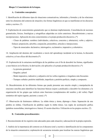 Bloque 5. Conocimiento de la lengua.
A. Contenidos conceptuales:
1. Identificación de diferentes tipos de situaciones comunicativas, informales y formales y de las relaciones
entre los elementos del contexto de situación y las formas lingüísticas en que se manifiestan en los discursos
orales y escritos. (*)
9. Explicitación de conocimientos gramaticales que se dominan implícitamente. Consolidación de nociones
gramaticales, léxicas, fonológicas y ortográficas adquiridas en ciclos anteriores. Descubrimiento y nuevas
incorporaciones. Aplicación de estos conocimientos a la propia producción discursiva. (*)
– Clases de palabras: nombres (individuales, colectivos, concretos y abstractos), verbo y adjetivo.
Enlaces: preposición, adverbio, conjunción, pronombres, artículos e interjecciones.
– Tipos de enunciados: declarativo, interrogativo, exclamativo, imperativo y exhortativo.
14. Ampliación del dominio del vocabulario a través del aprendizaje incidental en la lectura, la discusión
colectiva y el uso eficaz del diccionario.(*)
15. Exploración de la estructura morfológica de las palabras con el fin de descubrir las formas, significados
y usos básicos en la flexión y la derivación y de aplicarlos a la propia producción discursiva: (*)
– La persona gramatical
– Singular y plural
– Modo imperativo, indicativo y subjuntivo de los verbos regulares e irregulares más frecuentes
– Tiempos verbales: pretérito indefinido, imperfecto y pretérito perfecto, simple y compuesto.
16. Descubrimiento de las diferentes formas que puede presentar una oración simple y manipulación de
oraciones sencillas para identificar las funciones básicas (sujeto y predicado) y descubrir los elementos y la
organización de los grupos que realicen estas funciones (complementos del nombre y del verbo). Papel
semántico del sujeto (agente, paciente y causa). (*)
17. Observación de fenómenos silábicos. La sílaba tónica y átona, diptongo e hiato. Separación de una
palabra en sílabas. Clasificación de palabras según la sílaba tónica. Las reglas de acentuación gráfica
(palabras monosílabas, interrogativos e hiatos). El acento diacrítico. Utilización en los propios escritos. (*)
B. Contenidos procedimentales:

2. Reconocimiento de los registros más adecuados para cada situación y adecuación de la propia expresión.
3. Análisis de la importancia del contexto en el discurso (oral y escrito) e identificación de los componentes
de la situación comunicativa; exploración de secuencias textuales para localizar las marcas lingüísticas que
13

 