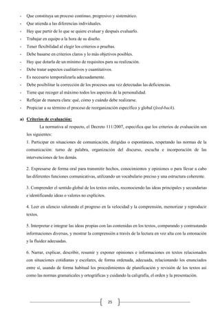 -

Que constituya un proceso continuo, progresivo y sistemático.

-

Que atienda a las diferencias individuales.

-

Hay que partir de lo que se quiere evaluar y después evaluarlo.

-

Trabajar en equipo a la hora de su diseño.

-

Tener flexibilidad al elegir los criterios o pruebas.

-

Debe basarse en criterios claros y lo más objetivos posibles.

-

Hay que dotarla de un mínimo de requisitos para su realización.

-

Debe tratar aspectos cualitativos y cuantitativos.

-

Es necesario temporalizarla adecuadamente.

-

Debe posibilitar la corrección de los procesos una vez detectadas las deficiencias.

-

Tiene que recoger al máximo todos los aspectos de la personalidad.

-

Reflejar de manera clara: qué, cómo y cuándo debe realizarse.

-

Propiciar a su término el proceso de reorganización específico y global (feed-back).

a) Criterios de evaluación:
La normativa al respecto, el Decreto 111/2007, especifica que los criterios de evaluación son
los siguientes:
1. Participar en situaciones de comunicación, dirigidas o espontáneas, respetando las normas de la
comunicación: turno de palabra, organización del discurso, escucha e incorporación de las
intervenciones de los demás.
2. Expresarse de forma oral para transmitir hechos, conocimientos y opiniones o para llevar a cabo
las diferentes funciones comunicativas, utilizando un vocabulario preciso y una estructura coherente.
3. Comprender el sentido global de los textos orales, reconociendo las ideas principales y secundarias
e identificando ideas o valores no explícitos.
4. Leer en silencio valorando el progreso en la velocidad y la comprensión, memorizar y reproducir
textos.
5. Interpretar e integrar las ideas propias con las contenidas en los textos, comparando y contrastando
informaciones diversas, y mostrar la comprensión a través de la lectura en voz alta con la entonación
y la fluidez adecuadas.
6. Narrar, explicar, describir, resumir y exponer opiniones e informaciones en textos relacionados
con situaciones cotidianas y escolares, de forma ordenada, adecuada, relacionando los enunciados
entre sí, usando de forma habitual los procedimientos de planificación y revisión de los textos así
como las normas gramaticales y ortográficas y cuidando la caligrafía, el orden y la presentación.

25

 