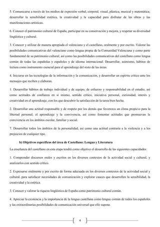 5. Comunicarse a través de los medios de expresión verbal, corporal, visual, plástica, musical y matemática;
desarrollar la sensibilidad estética, la creatividad y la capacidad para disfrutar de las obras y las
manifestaciones artísticas.
6. Conocer el patrimonio cultural de España, participar en su conservación y mejora, y respetar su diversidad
lingüística y cultural.
3. Conocer y utilizar de manera apropiada el valenciano y el castellano, oralmente y por escrito. Valorar las
posibilidades comunicativas del valenciano como lengua propia de la Comunidad Valenciana y como parte
fundamental de su patrimonio cultural, así como las posibilidades comunicativas del castellano como lengua
común de todas las españolas y españoles y de idioma internacional. Desarrollar, asimismo, hábitos de
lectura como instrumento esencial para el aprendizaje del resto de las áreas.
4. Iniciarse en las tecnologías de la información y la comunicación, y desarrollar un espíritu crítico ante los
mensajes que reciben y elaboran.
1. Desarrollar hábitos de trabajo individual y de equipo, de esfuerzo y responsabilidad en el estudio, así
como actitudes de confianza en sí mismo, sentido crítico, iniciativa personal, curiosidad, interés y
creatividad en el aprendizaje, con los que descubrir la satisfacción de la tarea bien hecha.
2. Desarrollar una actitud responsable y de respeto por los demás que favorezca un clima propicio para la
libertad personal, el aprendizaje y la convivencia, así como fomentar actitudes que promuevan la
convivencia en los ámbitos escolar, familiar y social.
7. Desarrollar todos los ámbitos de la personalidad, así como una actitud contraria a la violencia y a los
prejuicios de cualquier tipo.
b) Objetivos específicos del área de Castellano: Lengua y Literatura
La enseñanza del castellano en esta etapa tendrá como objetivo el desarrollo de las siguientes capacidades:
1. Comprender discursos orales y escritos en los diversos contextos de la actividad social y cultural, y
analizarlos con sentido crítico.
2. Expresarse oralmente y por escrito de forma adecuada en los diversos contextos de la actividad social y
cultural, para satisfacer necesidades de comunicación y explorar cauces que desarrollen la sensibilidad, la
creatividad y la estética.
3. Conocer y valorar la riqueza lingüística de España como patrimonio cultural común.
4. Apreciar la existencia y la importancia de la lengua castellana como lengua común de todos los españoles
y las extraordinarias posibilidades de comunicación universal que ello supone.

4

 