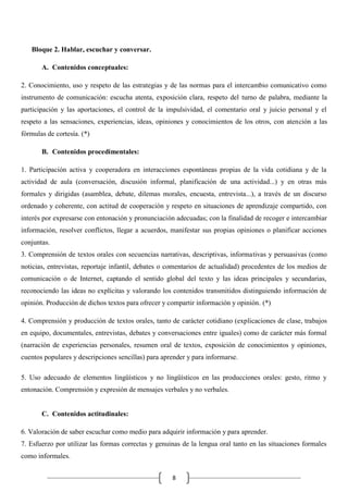 Bloque 2. Hablar, escuchar y conversar.
A. Contenidos conceptuales:
2. Conocimiento, uso y respeto de las estrategias y de las normas para el intercambio comunicativo como
instrumento de comunicación: escucha atenta, exposición clara, respeto del turno de palabra, mediante la
participación y las aportaciones, el control de la impulsividad, el comentario oral y juicio personal y el
respeto a las sensaciones, experiencias, ideas, opiniones y conocimientos de los otros, con atención a las
fórmulas de cortesía. (*)
B. Contenidos procedimentales:
1. Participación activa y cooperadora en interacciones espontáneas propias de la vida cotidiana y de la
actividad de aula (conversación, discusión informal, planificación de una actividad...) y en otras más
formales y dirigidas (asamblea, debate, dilemas morales, encuesta, entrevista...), a través de un discurso
ordenado y coherente, con actitud de cooperación y respeto en situaciones de aprendizaje compartido, con
interés por expresarse con entonación y pronunciación adecuadas; con la finalidad de recoger e intercambiar
información, resolver conflictos, llegar a acuerdos, manifestar sus propias opiniones o planificar acciones
conjuntas.
3. Comprensión de textos orales con secuencias narrativas, descriptivas, informativas y persuasivas (como
noticias, entrevistas, reportaje infantil, debates o comentarios de actualidad) procedentes de los medios de
comunicación o de Internet, captando el sentido global del texto y las ideas principales y secundarias,
reconociendo las ideas no explícitas y valorando los contenidos transmitidos distinguiendo información de
opinión. Producción de dichos textos para ofrecer y compartir información y opinión. (*)
4. Comprensión y producción de textos orales, tanto de carácter cotidiano (explicaciones de clase, trabajos
en equipo, documentales, entrevistas, debates y conversaciones entre iguales) como de carácter más formal
(narración de experiencias personales, resumen oral de textos, exposición de conocimientos y opiniones,
cuentos populares y descripciones sencillas) para aprender y para informarse.
5. Uso adecuado de elementos lingüísticos y no lingüísticos en las producciones orales: gesto, ritmo y
entonación. Comprensión y expresión de mensajes verbales y no verbales.

C. Contenidos actitudinales:
6. Valoración de saber escuchar como medio para adquirir información y para aprender.
7. Esfuerzo por utilizar las formas correctas y genuinas de la lengua oral tanto en las situaciones formales
como informales.
8

 