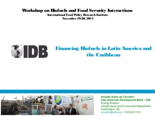 Arnaldo Vieira de Carvalho
Inter-American Development Bank – IDB
Energy Division
Infrastructure and Environment Department
Washington, DC
arnaldov@iadb.org; +1 202 623 1719
Workshop on Biofuels and Food Security Interactions
International Food Policy Research Institute
November19-20, 2014
Financing Biofuels in Latin America and
the Caribbean
 