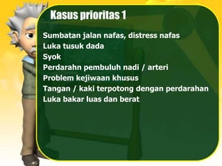 Kasus prioritas 1
Sumbatan jalan nafas, distress nafas
Luka tusuk dada
Syok
Perdarahn pembuluh nadi / arteri
Problem kejiwaan khusus
Tangan / kaki terpotong dengan perdarahan
Luka bakar luas dan berat
 