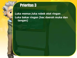 Prioritas 3
Luka memar,luka robek otot ringan
Luka bakar ringan (kec daerah muka dan
tangan)
 