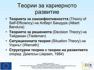Теории за кариерното развитие Теорията за самоефективността  (Theory of Self- E fficiency)   на   Алберт Бандура (Albert Bandura ) Теорията за решенията  ( D ecision  T heory) на Тийдеман  ( Tiedeman )  Ситуационната теория   ( S ituation  T heory )   на Уорнът (Warnath)  Структурни теории  и  теории на развитието  според  Джепсън ( Jepsen ,  1984)  