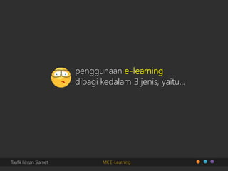 Taufik Ikhsan Slamet MK E-Learning
penggunaan e-learning
dibagi kedalam 3 jenis, yaitu...
 