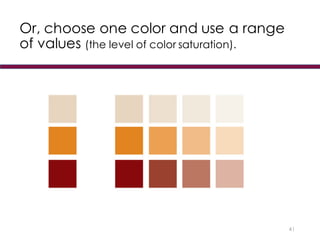 Or, choose one color and use a range
of values (the level of color saturation).
41
 