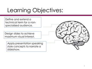 Learning Objectives:
5
Define and extend a
technical term for a non-
specialized audience.
Apply presentation speaking
style concepts to narrate a
slideshow.
Design slides to achieve
maximum visual interest.
 