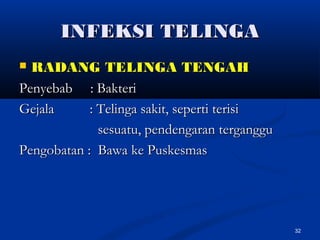 INFEKSI TELINGAINFEKSI TELINGA
 RADANG TELINGA TENGAHRADANG TELINGA TENGAH
Penyebab : BakteriPenyebab : Bakteri
Gejala : Telinga sakit, seperti terisiGejala : Telinga sakit, seperti terisi
sesuatu, pendengaran terganggusesuatu, pendengaran terganggu
Pengobatan : Bawa ke PuskesmasPengobatan : Bawa ke Puskesmas
32
 
