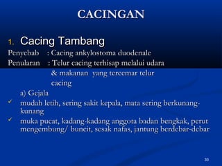 CACINGANCACINGAN
1.1. Cacing TambangCacing Tambang
Penyebab : Cacing ankylostoma duodenalePenyebab : Cacing ankylostoma duodenale
Penularan : Telur cacing terhisap melalui udaraPenularan : Telur cacing terhisap melalui udara
& makanan yang tercemar telur& makanan yang tercemar telur
cacingcacing
a) Gejalaa) Gejala
 mudah letih, sering sakit kepala, mata sering berkunang-mudah letih, sering sakit kepala, mata sering berkunang-
kunangkunang
 muka pucat, kadang-kadang anggota badan bengkak, perutmuka pucat, kadang-kadang anggota badan bengkak, perut
mengembung/ buncit, sesak nafas, jantung berdebar-debarmengembung/ buncit, sesak nafas, jantung berdebar-debar
33
 