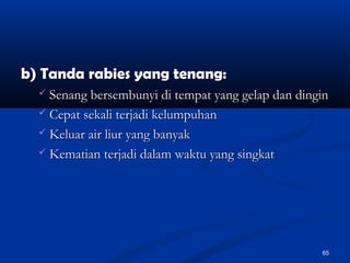 b) Tanda rabies yang tenang:b) Tanda rabies yang tenang:
 Senang bersembunyi di tempat yang gelap dan dinginSenang bersembunyi di tempat yang gelap dan dingin
 Cepat sekali terjadi kelumpuhanCepat sekali terjadi kelumpuhan
 Keluar air liur yang banyakKeluar air liur yang banyak
 Kematian terjadi dalam waktu yang singkatKematian terjadi dalam waktu yang singkat
65
 
