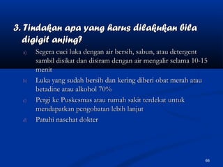 3. Tindakan apa yang harus dilakukan bila3. Tindakan apa yang harus dilakukan bila
digigit anjing?digigit anjing?
a)a) Segera cuci luka dengan air bersih, sabun, atau detergentSegera cuci luka dengan air bersih, sabun, atau detergent
sambil disikat dan disiram dengan air mengalir selama 10-15sambil disikat dan disiram dengan air mengalir selama 10-15
menitmenit
b)b) Luka yang sudah bersih dan kering diberi obat merah atauLuka yang sudah bersih dan kering diberi obat merah atau
betadine atau alkohol 70%betadine atau alkohol 70%
c)c) Pergi ke Puskesmas atau rumah sakit terdekat untukPergi ke Puskesmas atau rumah sakit terdekat untuk
mendapatkan pengobatan lebih lanjutmendapatkan pengobatan lebih lanjut
d)d) Patuhi nasehat dokterPatuhi nasehat dokter
66
 