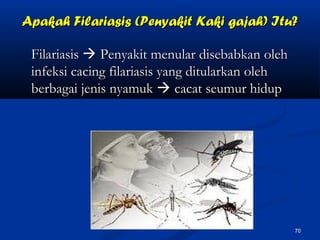 Apakah Filariasis (Penyakit Kaki gajah) Itu?Apakah Filariasis (Penyakit Kaki gajah) Itu?
FilariasisFilariasis  Penyakit menular disebabkan olehPenyakit menular disebabkan oleh
infeksi cacing filariasis yang ditularkan olehinfeksi cacing filariasis yang ditularkan oleh
berbagai jenis nyamukberbagai jenis nyamuk  cacat seumur hidupcacat seumur hidup
70
 