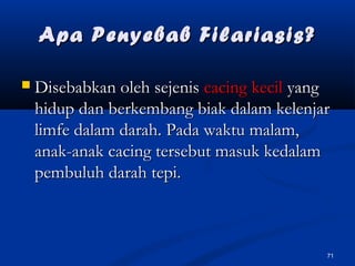 Apa Penyebab Filariasis?Apa Penyebab Filariasis?
 Disebabkan oleh sejenisDisebabkan oleh sejenis cacing kecilcacing kecil yangyang
hidup dan berkembang biak dalam kelenjarhidup dan berkembang biak dalam kelenjar
limfe dalam darah. Pada waktu malam,limfe dalam darah. Pada waktu malam,
anak-anak cacing tersebut masuk kedalamanak-anak cacing tersebut masuk kedalam
pembuluh darah tepi.pembuluh darah tepi.
71
 