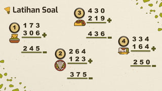 Latihan Soal
1 1 7 3
3 0 6
2 4 5
3 4 3 0
2 1 9
4 3 6
4 3 3 4
1 6 4
2 5 0
2 2 6 4
1 2 3
3 7 5
 