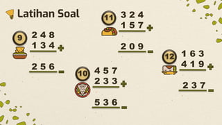 Latihan Soal
9 2 4 8
1 3 4
2 5 6
11 3 2 4
1 5 7
2 0 9
12 1 6 3
4 1 9
2 3 7
10 4 5 7
2 3 3
5 3 6
 