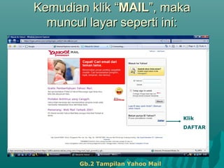 Kemudian klik “Kemudian klik “MAILMAIL”, maka”, maka
muncul layar seperti ini:muncul layar seperti ini:
Gb.2 Tampilan Yahoo Mail
Klik
DAFTAR
 