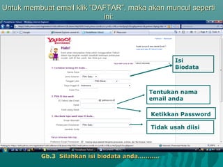 Untuk membuat email klik “DAFTAR”, maka akan muncul sepertiUntuk membuat email klik “DAFTAR”, maka akan muncul seperti
ini:ini:
Isi
Biodata
Tentukan nama
email anda
Ketikkan Password
Tidak usah diisi
Gb.3 Silahkan isi biodata anda………..Silahkan isi biodata anda………..
 