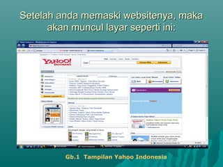 Setelah anda memaski websitenya, maka
akan muncul layar seperti ini:

Gb.1 Tampilan Yahoo Indonesia

 