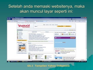 Setelah anda memaski websitenya, maka
akan muncul layar seperti ini:
Gb.1 Tampilan Yahoo Indonesia
 